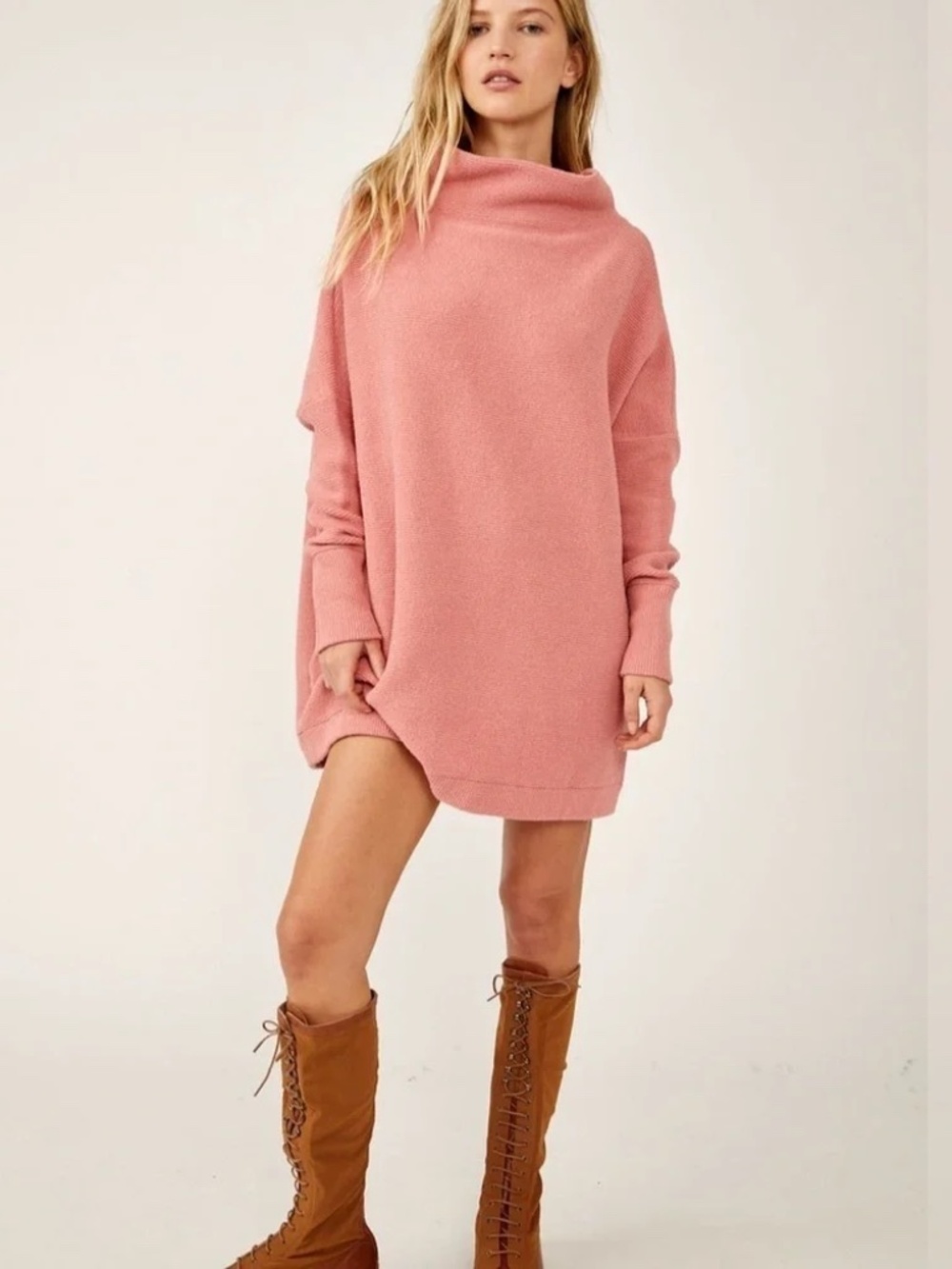 Free People Ottoman Slouchy Tunic Sun Sand Pink Size L Ribbed Knit Sweater